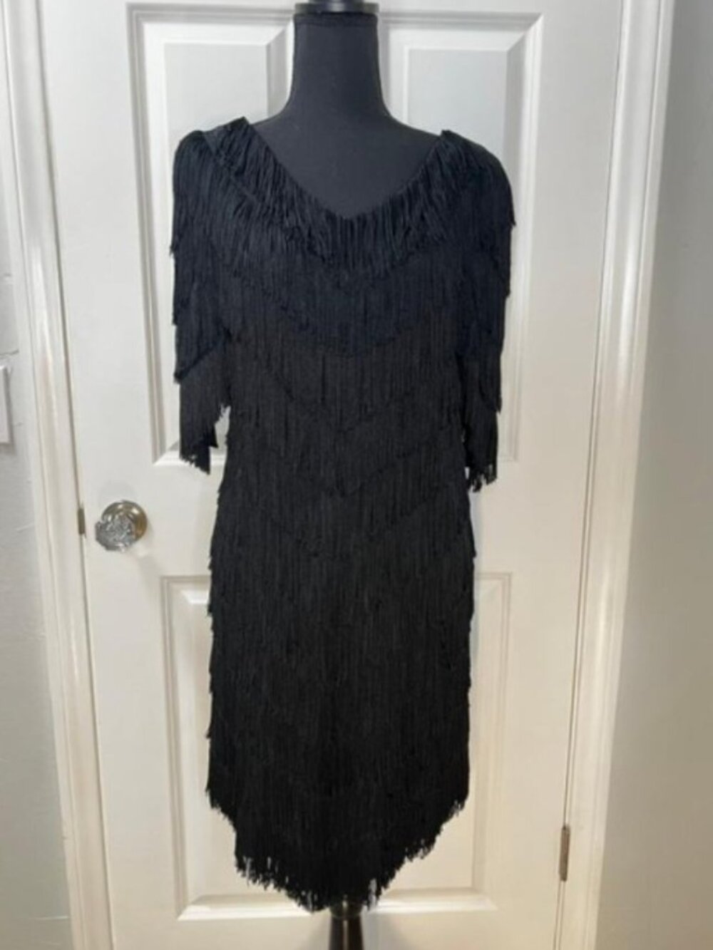 PCF Petite Designed by Donald Curtis Black Vintage Fringed Flapper Dress –Size 8